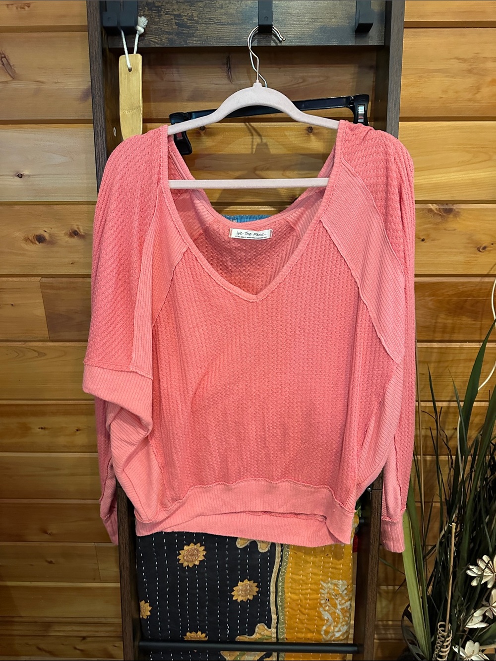 Coral V-Neck Waffle Knit Pullover
